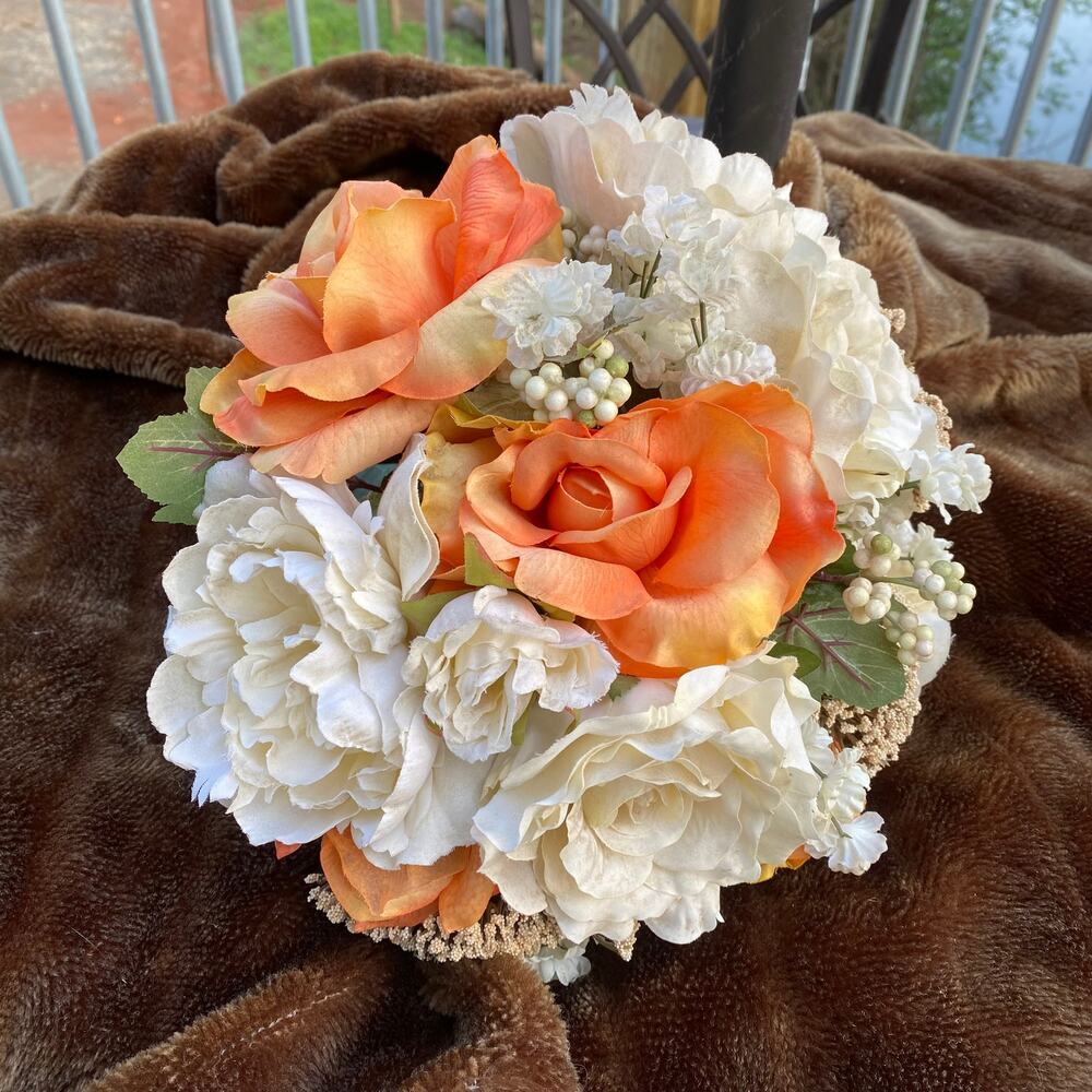 Wedding Bouquet Coral & Ivory Fabric Roses with Wrapped Stems ~ 12" Wide
